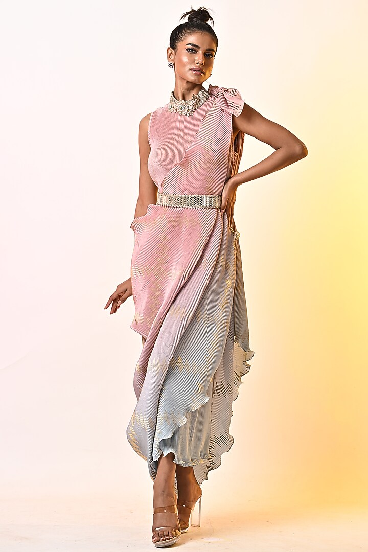 Salmon Pink & Powder Blue Ombre Pleated Polyester Block Printed Draped Cocktail Dress by Kiran Uttam Ghosh at Pernia's Pop Up Shop