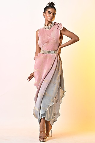 Salmon Pink & Powder Blue Ombre Pleated Polyester Block Printed Draped Dress by Kiran Uttam Ghosh
