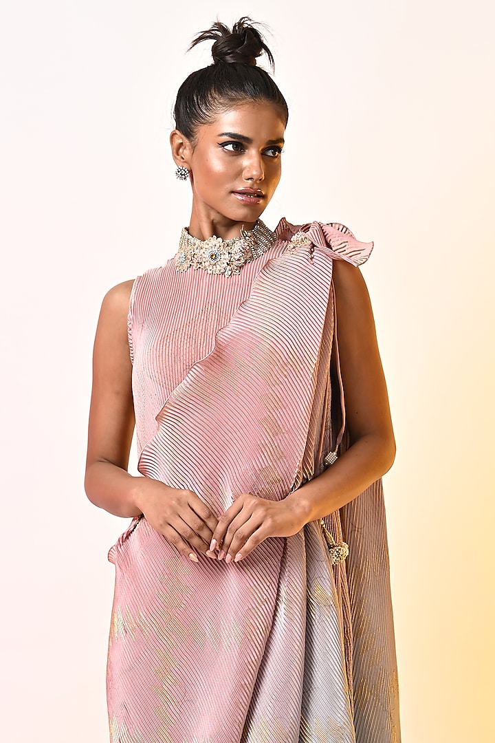Salmon Pink & Powder Blue Ombre Pleated Polyester Block Printed Draped Cocktail Dress by Kiran Uttam Ghosh at Pernia's Pop Up Shop