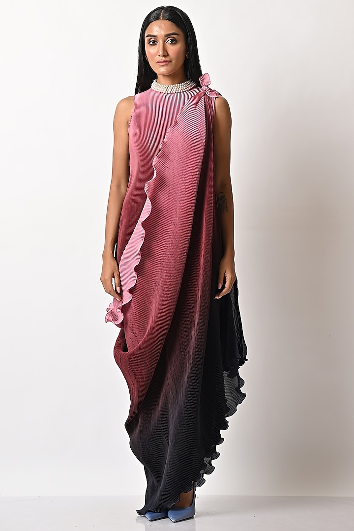Pink Ombre Pleated Polyester Hand & Machine Embroidered Dress With Drape by Kiran Uttam Ghosh