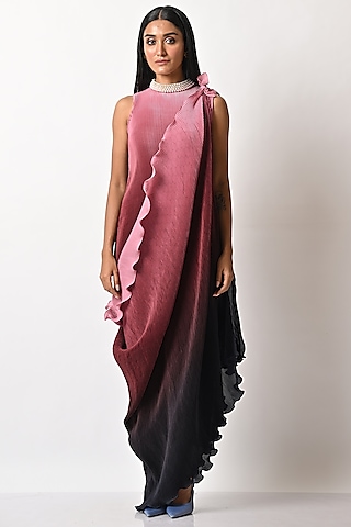 Pink Ombre Pleated Polyester Hand & Machine Embroidered Dress With Drape by Kiran Uttam Ghosh