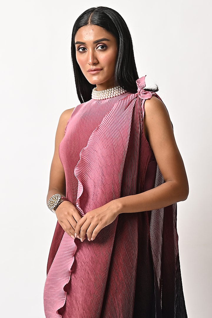 Pink Ombre Pleated Polyester Hand & Machine Embroidered Cocktail Dress With Drape by Kiran Uttam Ghosh at Pernia's Pop Up Shop