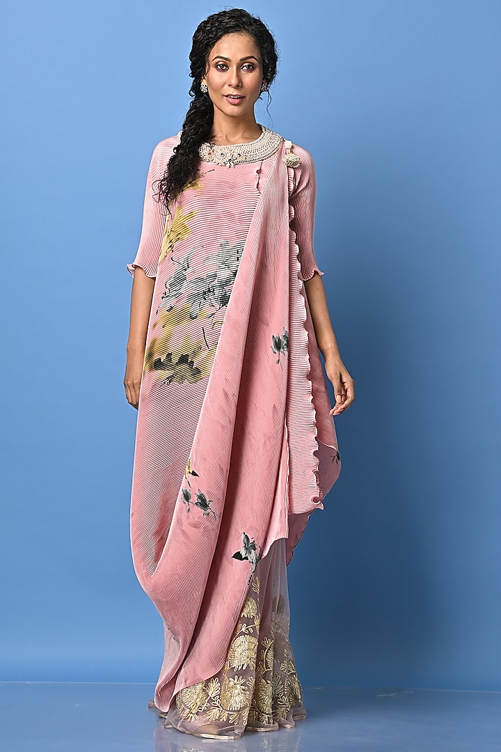 Salmon Pink Pleated Polyester Digital Printed & Bead Embroidered Wrapped Tunic by Kiran Uttam Ghosh at Pernia's Pop Up Shop