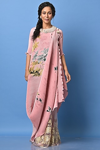 Salmon Pink Pleated Polyester Digital Printed & Bead Embroidered Wrapped Tunic by Kiran Uttam Ghosh