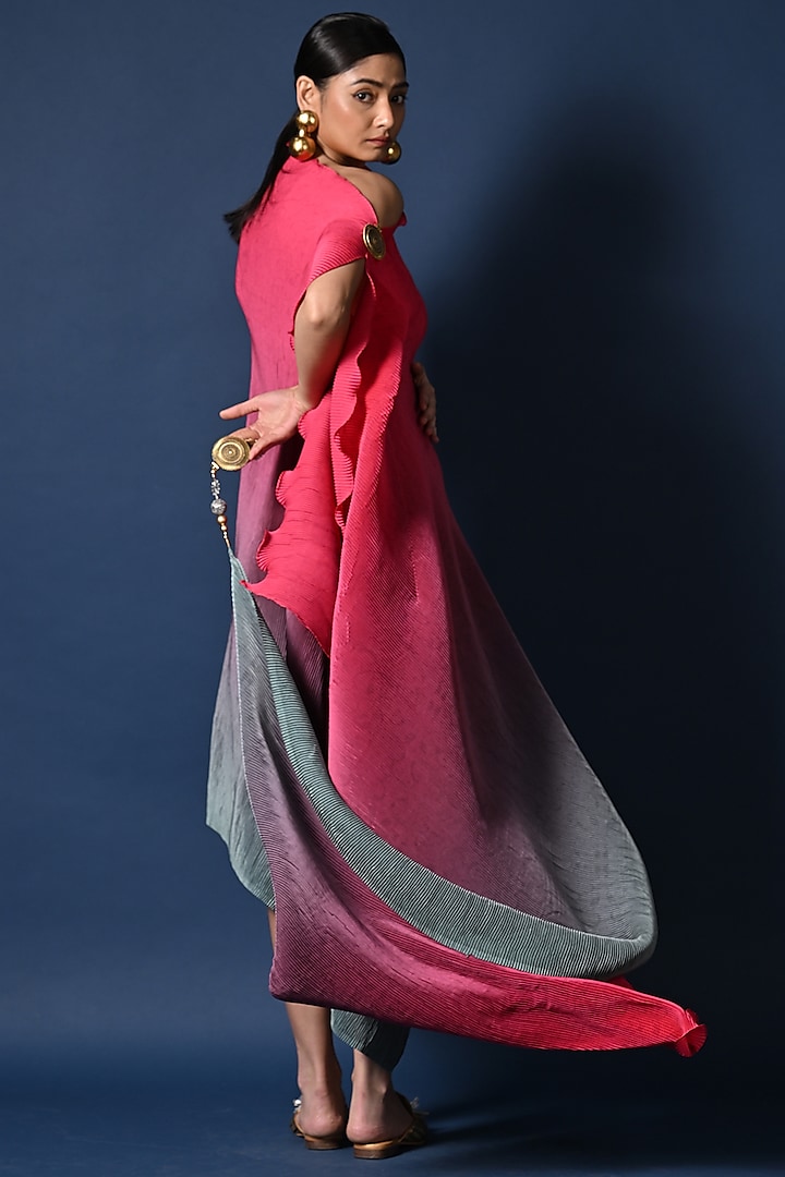 Fuchsia & Sage Green Ombre Pleated Polyester Draped Vacation Dress by Kiran Uttam Ghosh at Pernia's Pop Up Shop
