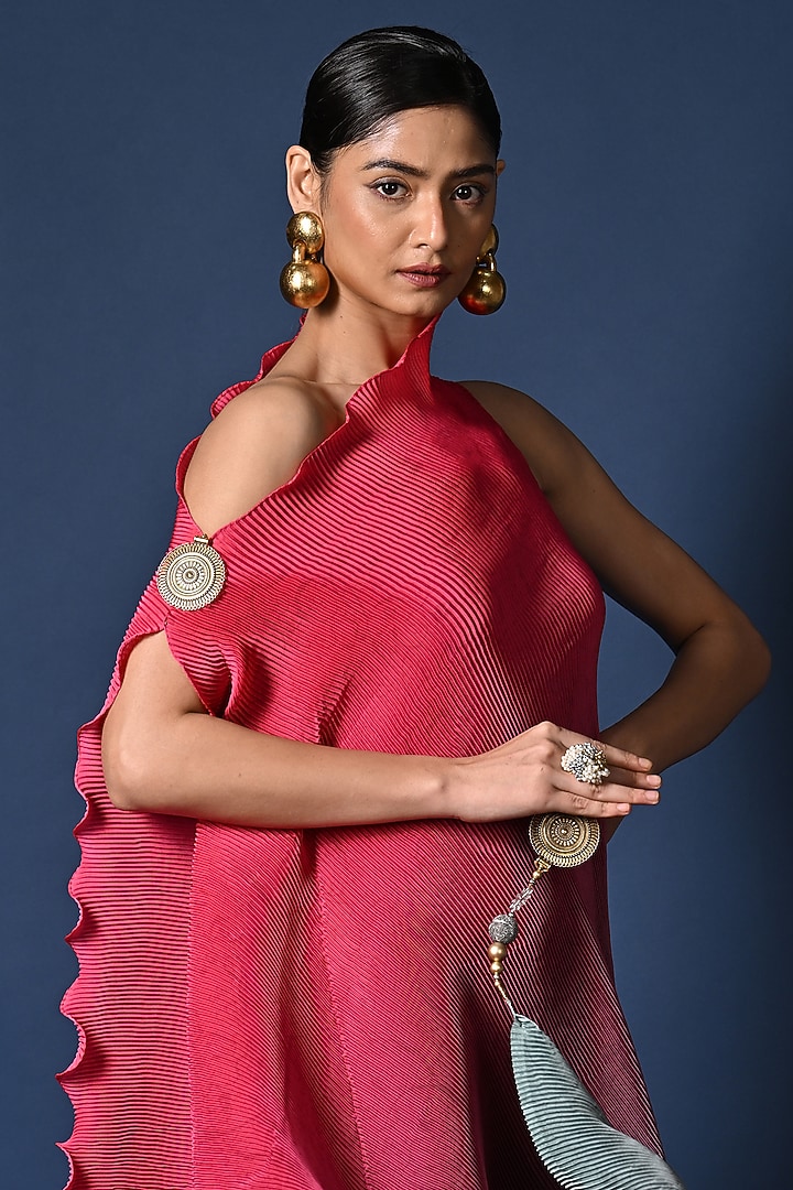 Fuchsia & Sage Green Ombre Pleated Polyester Draped Vacation Dress by Kiran Uttam Ghosh at Pernia's Pop Up Shop