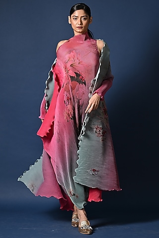 Fuchsia & Sage Green Ombre Pleated Polyester Digital Printed Draped Dress by Kiran Uttam Ghosh