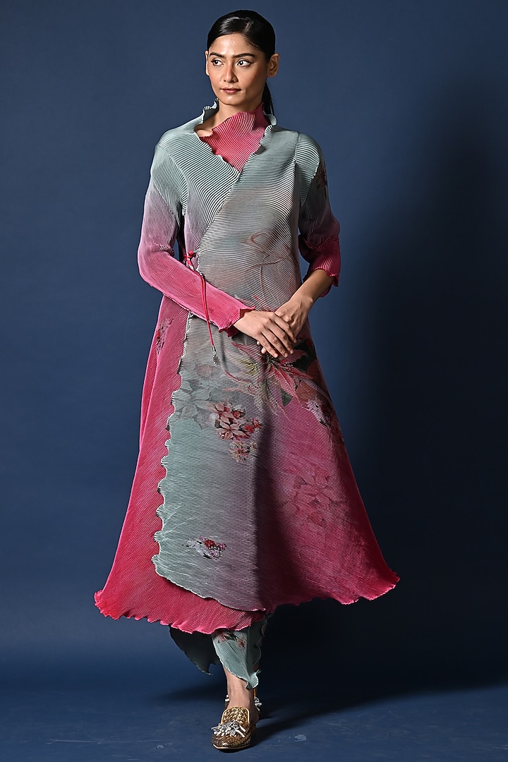 Fuchsia & Sage Green Ombre Pleated Polyester Digital Printed Draped Vacation Dress by Kiran Uttam Ghosh at Pernia's Pop Up Shop