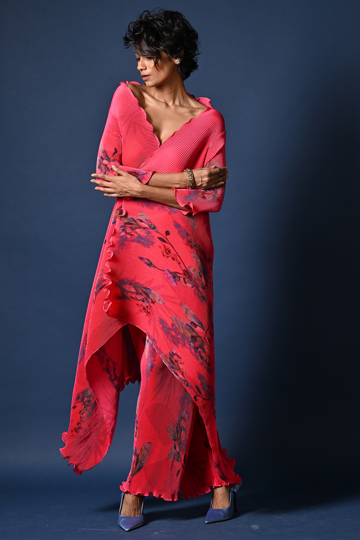 Fuchsia Pleated Polyester Digital Printed Wrapped Cape by Kiran Uttam Ghosh at Pernia's Pop Up Shop