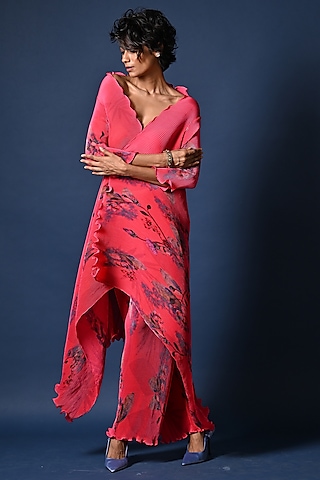Fuchsia Pleated Polyester Digital Printed Wrapped Cape by Kiran Uttam Ghosh