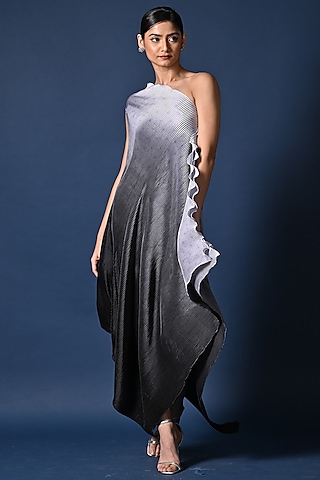 Silver-Grey & Black Pleated Polyester Draped Dress by Kiran Uttam Ghosh
