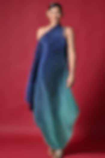 Blue & Green Ombre Pleated Polyester Machine Embroidered Draped Dress by Kiran Uttam Ghosh