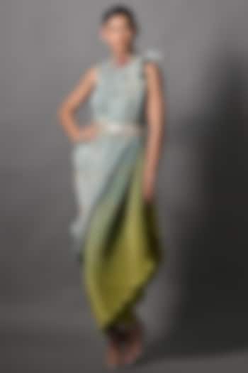 Sage Green & Lime Ombre Pleated Polyester Digital Printed Dress by Kiran Uttam Ghosh
