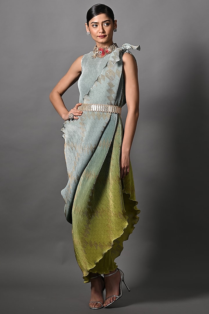 Sage Green & Lime Ombre Pleated Polyester Digital Printed Dress by Kiran Uttam Ghosh