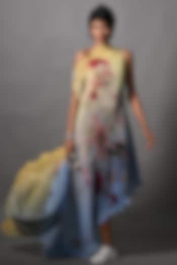 Yellow & Powder Blue Ombre Pleated Polyester Digital Printed Draped Dress by Kiran Uttam Ghosh