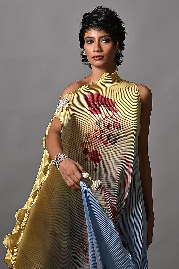 Yellow & Powder Blue Ombre Pleated Polyester Digital Printed Draped Vacation Dress by Kiran Uttam Ghosh at Pernia's Pop Up Shop
