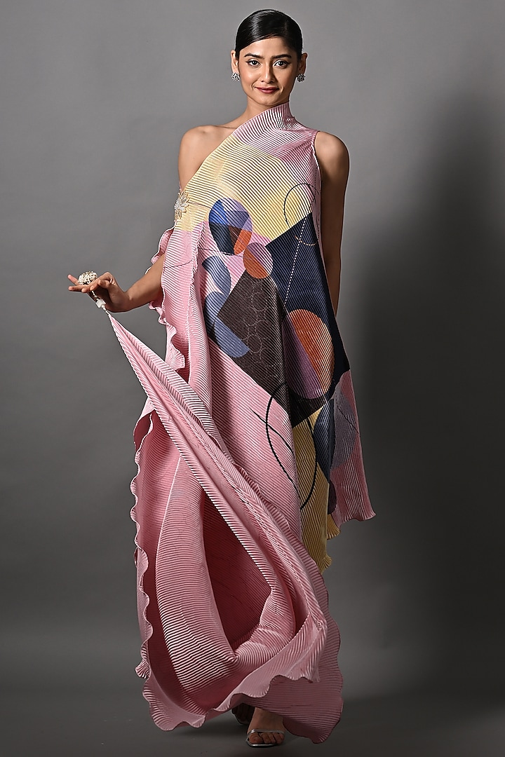 Salmon Pink Pleated Polyester Digital Printed Draped Tunic by Kiran Uttam Ghosh