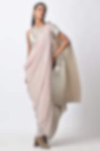 Metallic Silver Pleated Polyester Hand Embroidered Kaftan Dress With Drape by Kiran Uttam Ghosh