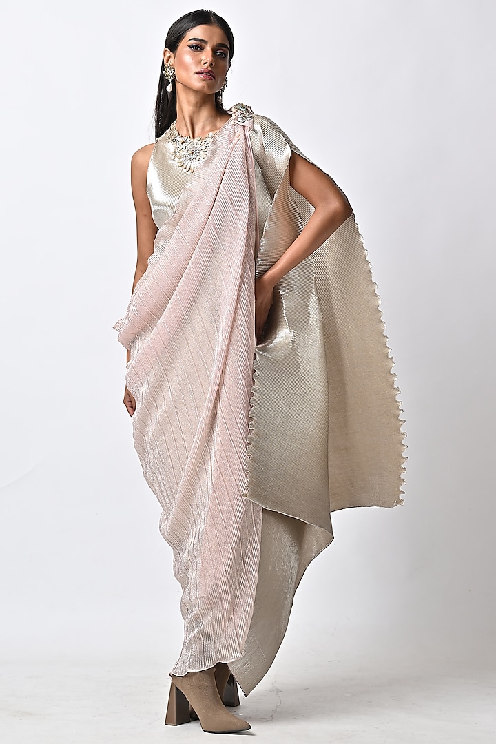 Metallic Silver Pleated Polyester Hand Embroidered Kaftan Dress With Drape by Kiran Uttam Ghosh