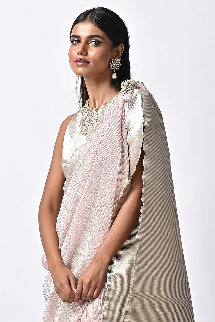Metallic Silver Pleated Polyester Hand Embroidered Kaftan Cocktail Dress With Drape by Kiran Uttam Ghosh at Pernia's Pop Up Shop