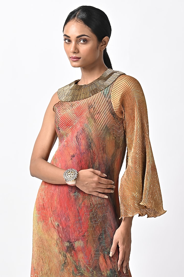 Mustard Pleated Polyester Digital Printed Tunic by Kiran Uttam Ghosh at Pernia's Pop Up Shop
