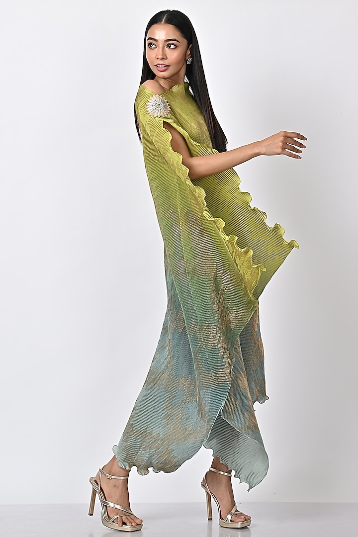 Lime & Sage Green Ombre Pleated Polyester Block Printed Draped Dress by Kiran Uttam Ghosh