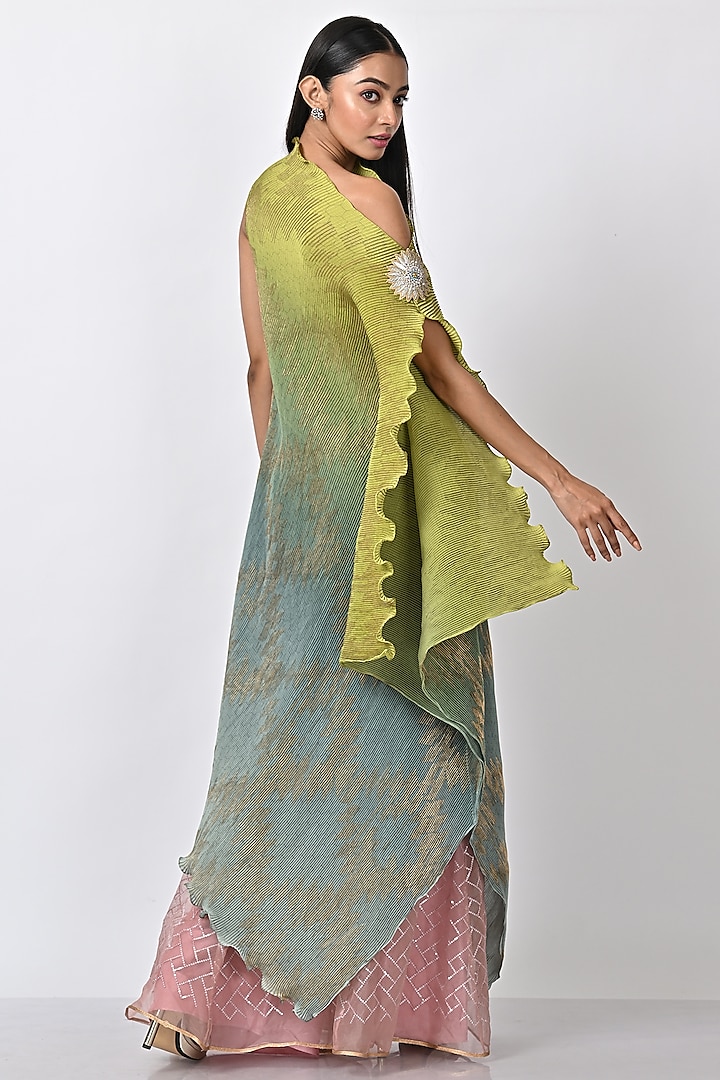 Lime & Sage Green Ombre Pleated Polyester Block Printed Draped Vacation Dress by Kiran Uttam Ghosh at Pernia's Pop Up Shop
