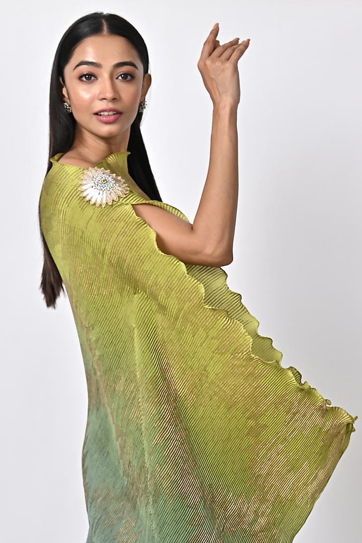 Lime & Sage Green Ombre Pleated Polyester Block Printed Draped Vacation Dress by Kiran Uttam Ghosh at Pernia's Pop Up Shop