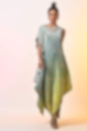Sage Green & Lime Ombre Pleated Polyester Block Printed Draped Dress by Kiran Uttam Ghosh
