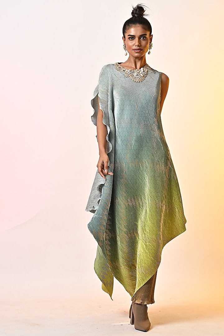 Sage Green & Lime Ombre Pleated Polyester Block Printed Draped Dress by Kiran Uttam Ghosh