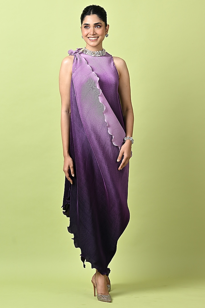Lavender & Purple Polyester Ombre Cocktail Dress With Drape by Kiran Uttam Ghosh at Pernia's Pop Up Shop