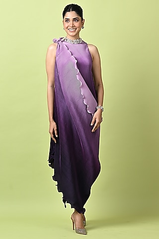 Lavender & Purple Polyester Ombre Dress With Drape by Kiran Uttam Ghosh