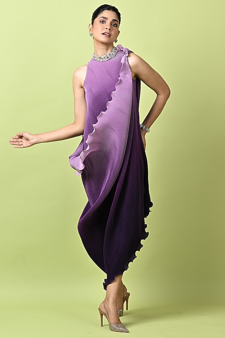Lavender & Purple Polyester Ombre Cocktail Dress With Drape by Kiran Uttam Ghosh at Pernia's Pop Up Shop