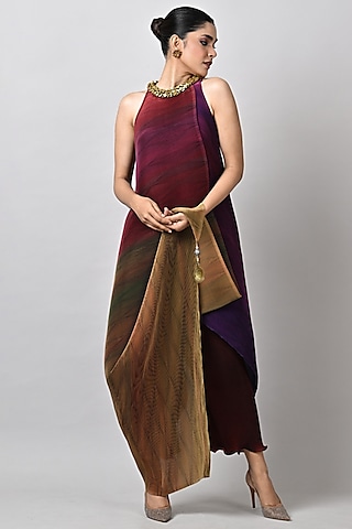 Merlot Pleated Polyester Pant by Kiran Uttam Ghosh