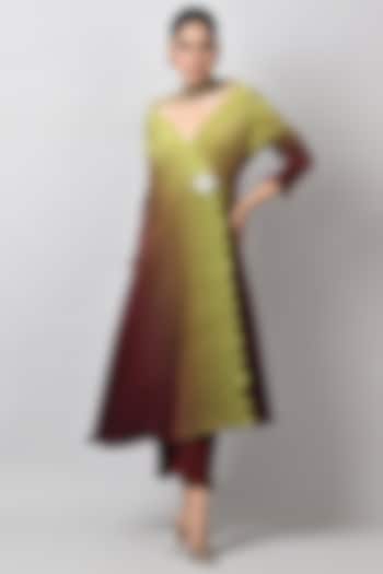Lime & Merlot Pleated Polyester Hand Embroidered Vacation Dress by Kiran Uttam Ghosh at Pernia's Pop Up Shop