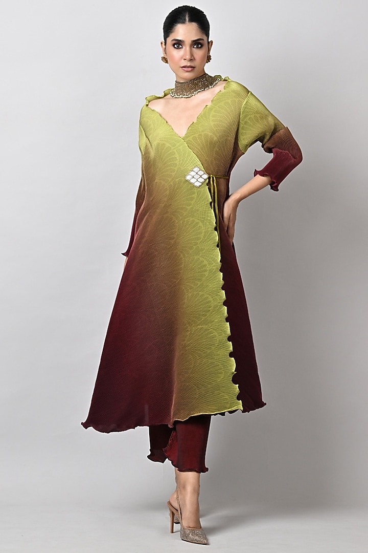 Lime & Merlot Pleated Polyester Hand Embroidered Vacation Dress by Kiran Uttam Ghosh at Pernia's Pop Up Shop