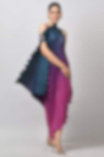 Navy & Pink Pleated Polyester Hand Embroidered Ombre Draped Vacation Dress by Kiran Uttam Ghosh at Pernia's Pop Up Shop
