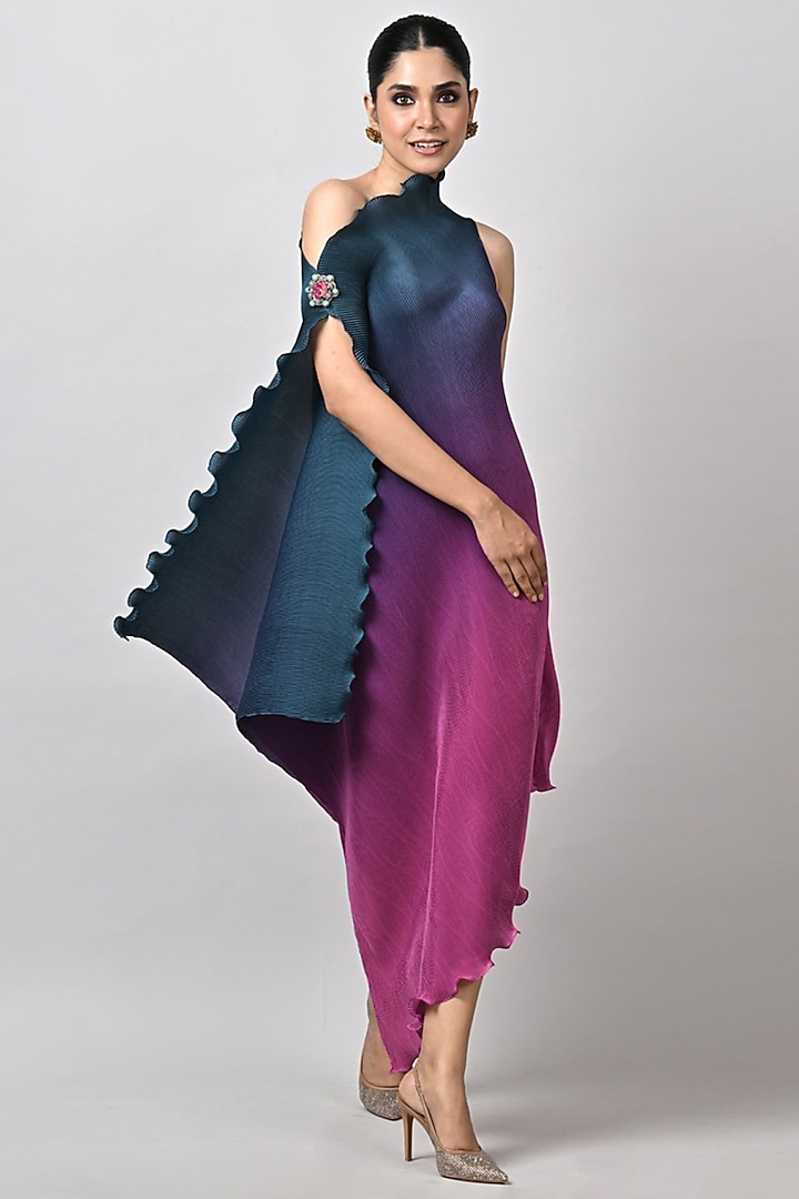 Navy & Pink Pleated Polyester Hand Embroidered Ombre Draped Vacation Dress by Kiran Uttam Ghosh at Pernia's Pop Up Shop