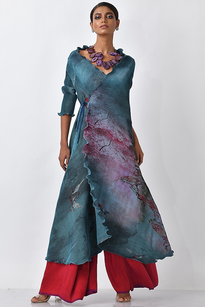 Deep Turquoise Bird Printed Angrakha Kurta  by Kiran Uttam Ghosh at Pernia's Pop Up Shop