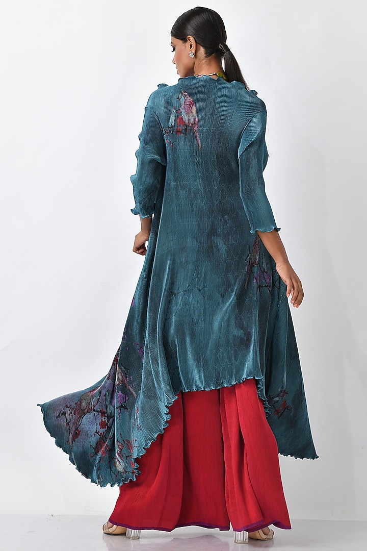 Deep Turquoise Bird Printed Angrakha Kurta  by Kiran Uttam Ghosh at Pernia's Pop Up Shop