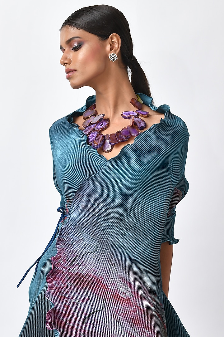 Deep Turquoise Bird Printed Angrakha Kurta  by Kiran Uttam Ghosh at Pernia's Pop Up Shop