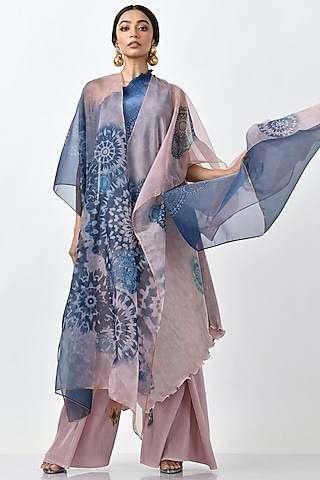 Blue & Pink Printed One-Shoulder Tunic by Kiran Uttam Ghosh