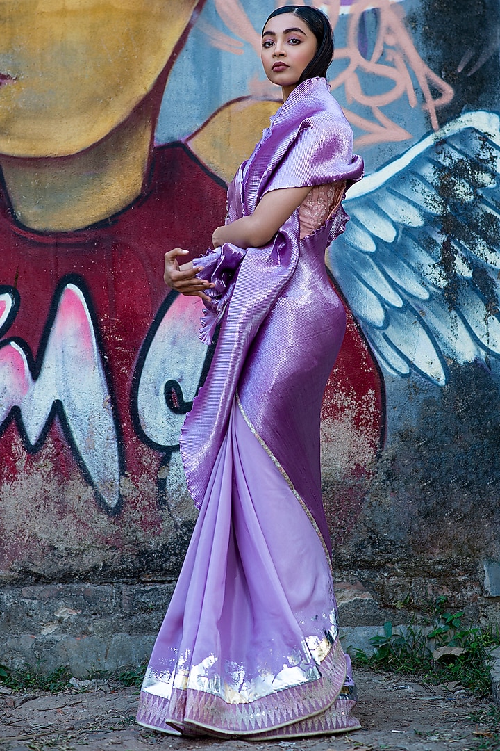 Lavender Pink Embroidered Wedding Saree Set by Kiran Uttam Ghosh at Pernia's Pop Up Shop