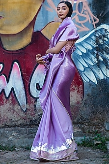 Lavender Pink Embroidered Saree Set by Kiran Uttam Ghosh-SORBET HUES