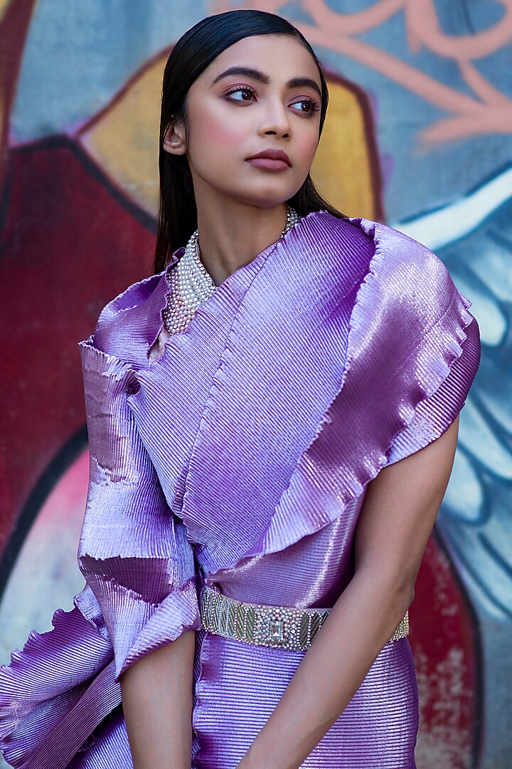 Lavender Pink Embroidered Wedding Saree Set by Kiran Uttam Ghosh at Pernia's Pop Up Shop