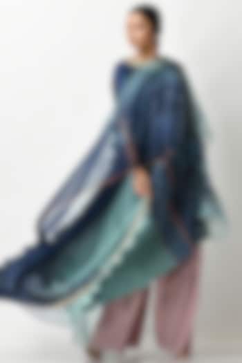 Aqua & Navy Batik Printed Drape by Kiran Uttam Ghosh at Pernia's Pop Up Shop