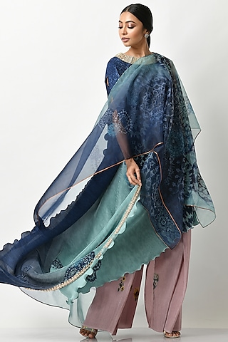 Aqua & Navy Batik Printed Drape by Kiran Uttam Ghosh