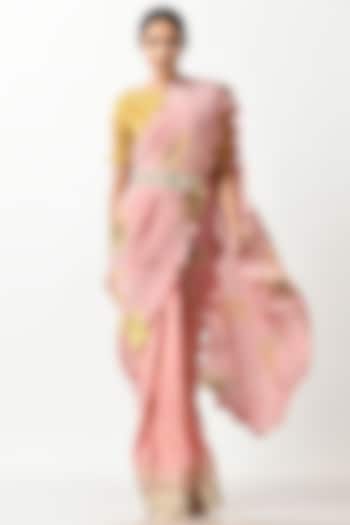 Peach Printed Pleated Saree Set by Kiran Uttam Ghosh