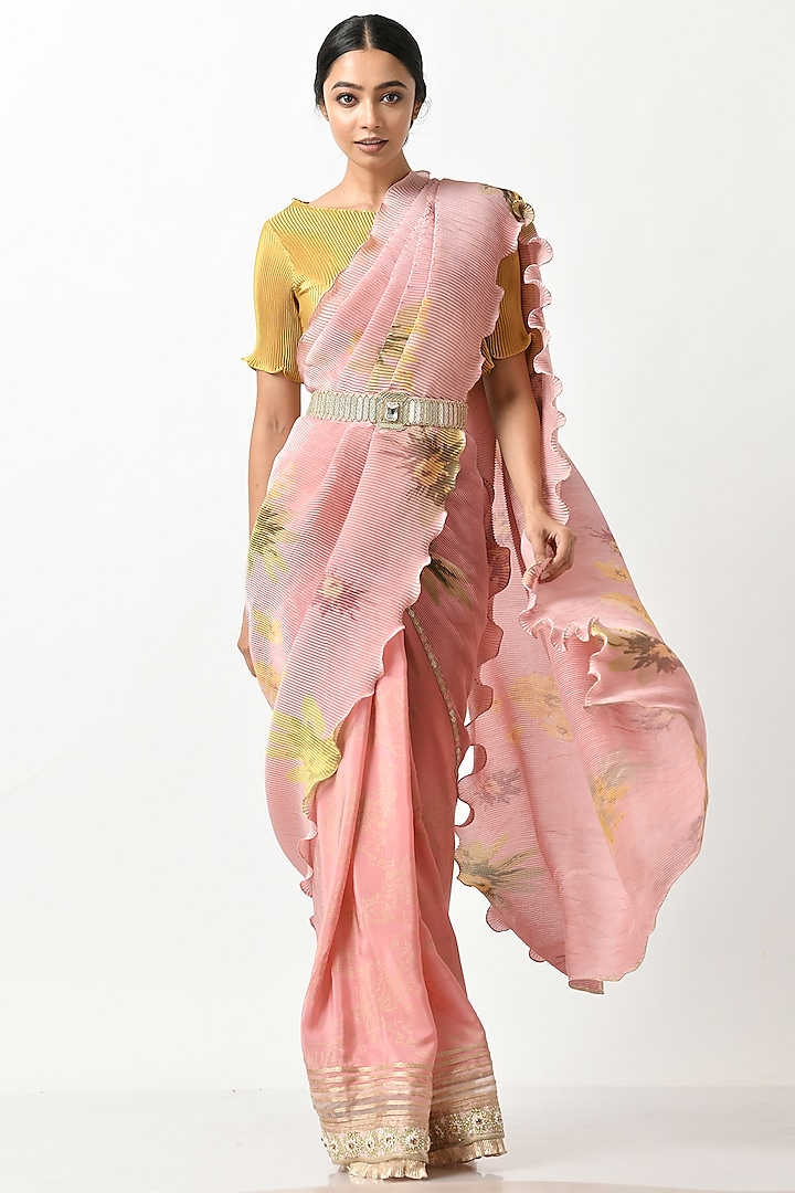 Peach Printed Pleated Saree Set by Kiran Uttam Ghosh