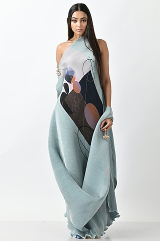 Powder Blue Printed Drape With Pants by Kiran Uttam Ghosh